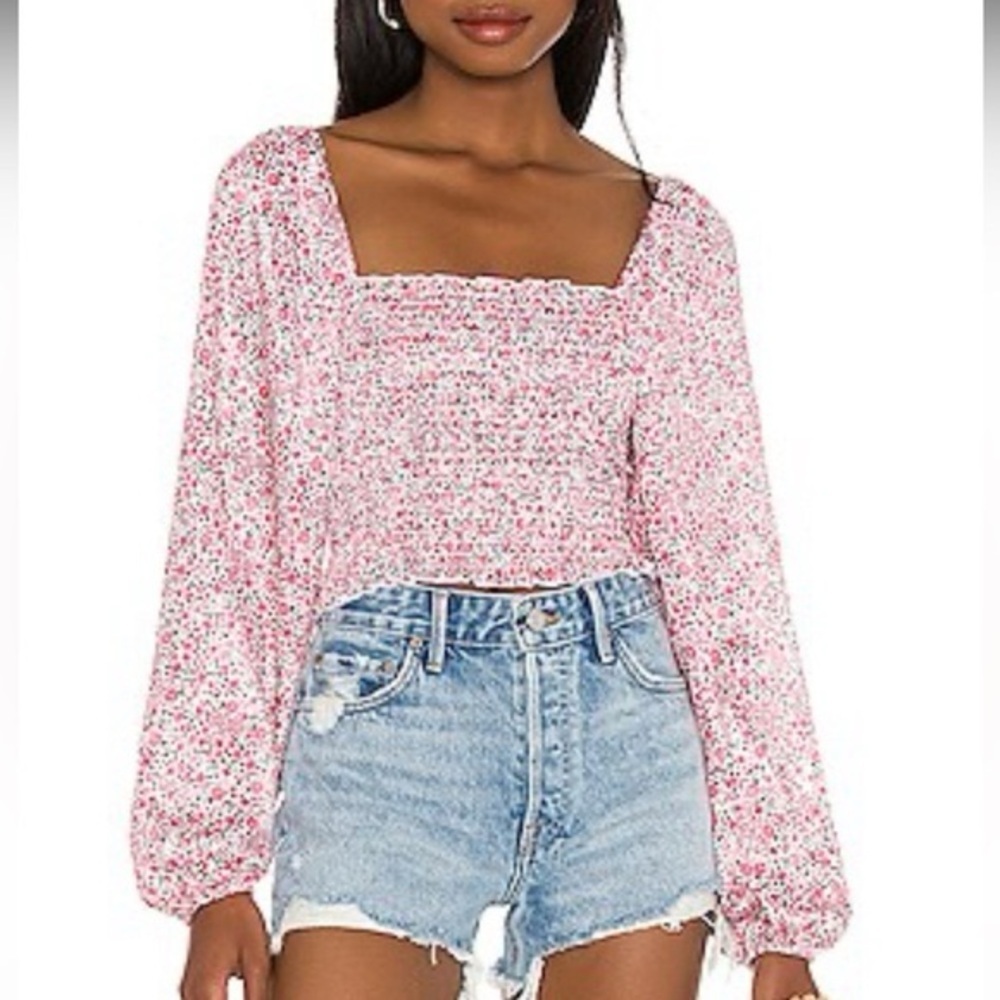 RESA Floral Smocked Long Bishop Sleeve Top – Size XS — Pink Flower Crop Blouse